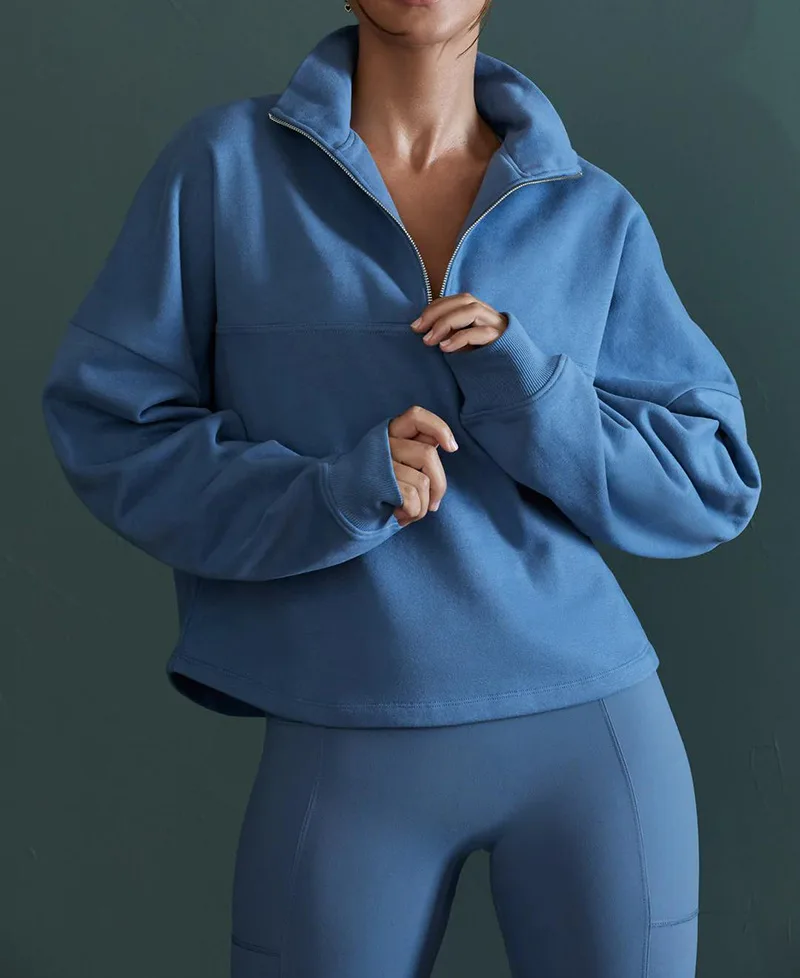 2024 Women's Pullover High Neck Sports Top Coat Women's Outdoor Running Zipper Loose Long Sleeved Sweater