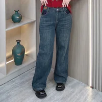 Plus Szie Women Fleece-lined Thickening Straight Jeans Winter Warm Loose Vintage Blue Casual Full Length Wide Leg Pants 6529-1 - Image 2