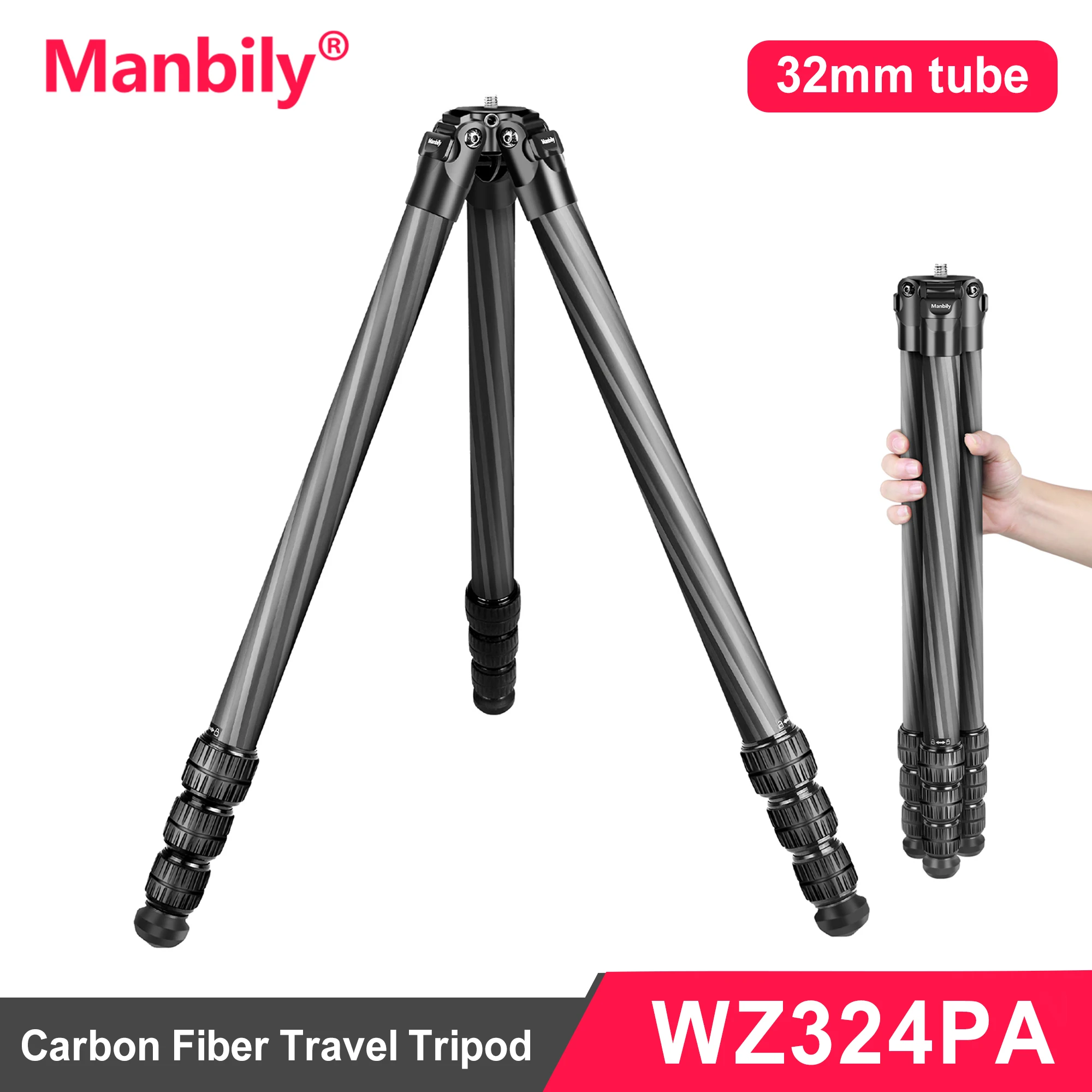Manbily Heavy Duty Carbon Fiber Tripod For DSLR Camera Travel Professional Max Load 20kg ,32cm Leg Tube, WZ-324PA