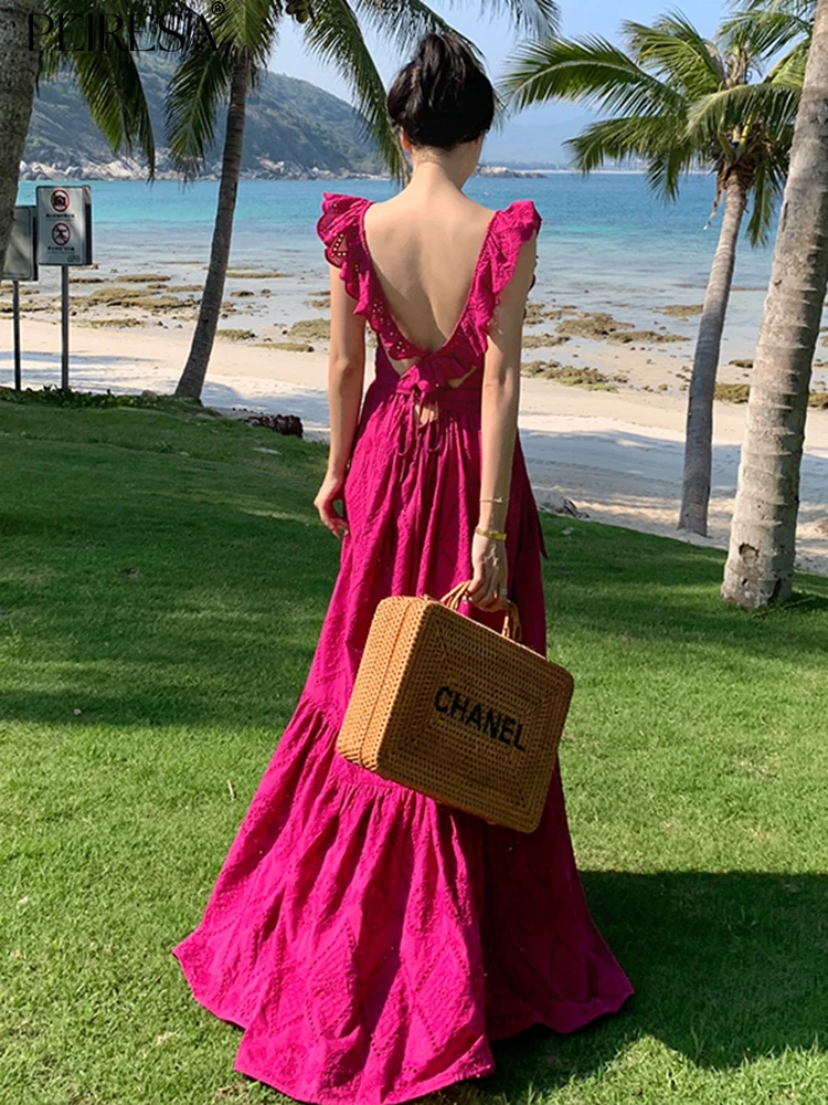 

PEIRESA 2023 Summer New Flying Sleeve Backless Holiday Dress Women New Embroidery Hollow Out Square Collar Long Dresses Vestidos