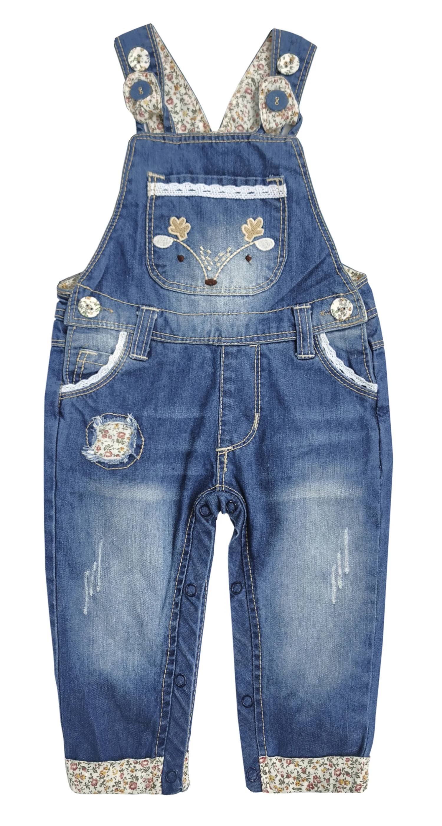 

KIDSCOOL SPACE Spring Autumn Baby Girls Easy Diaper Changing Snap Legs Denim Overalls Deer Embroidered Jumpsuit Romper