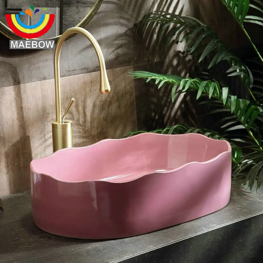 MAEBOW ศิลปะห้องน้ําอ่างล้างจานไม่มีรูเซรามิครูปไข่ 12l อ่างล้างหน้าห้องครัวโมเดิร์นสีชมพูอ่างล้างจานขายร้อน 1