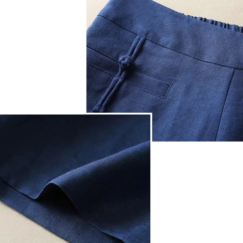 Linen  Straight  Elastic Waist  Solid  Button Decoration  Show Thin  Wide-legged Pants slacks