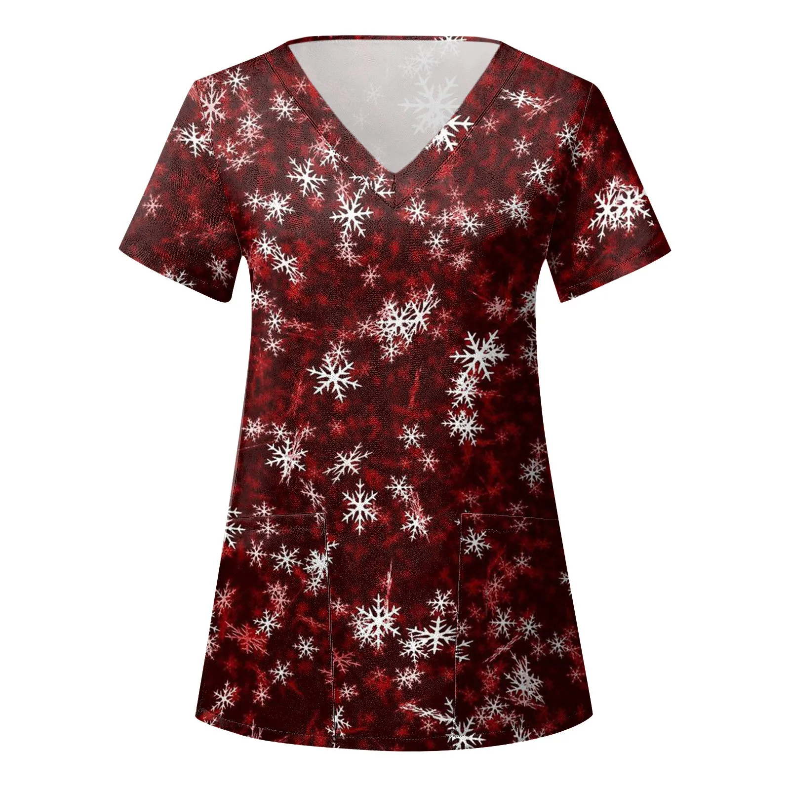 Christmas Casual Scrub Tops Ladies Pocket Loose Print Short-Sleeve Caring Workwear Uniform Nurse Santa Clinic  Salon Healthcare