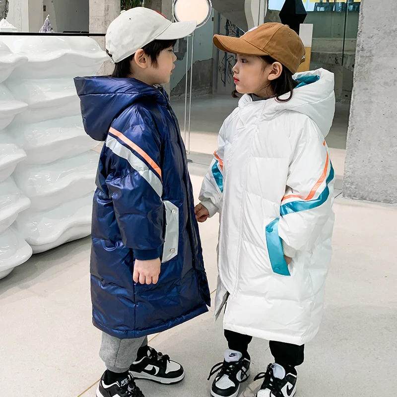 

Contrast Winter Girls Boys Waterproof Long Puffer Jackets Hooded Kids White Duck Down Coats Children Therme Outerwear 2-10 Years