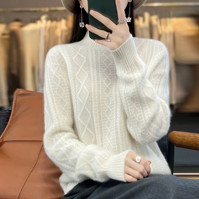 2023 Autumn and Winter New Women\'s Sweater 100% Wool Cashmere Sweater Half High Collar Knitted Pullover Fashion Soft Women\'s Top