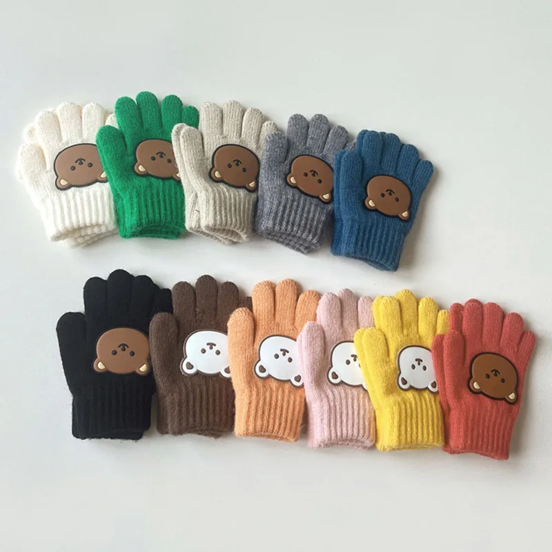 Winter Baby Gloves Cartoon Bear Woolen Five Fingers Gloves for Girls Infant Boys Cashmere Warm Kids Accessories 3-7 Years Old