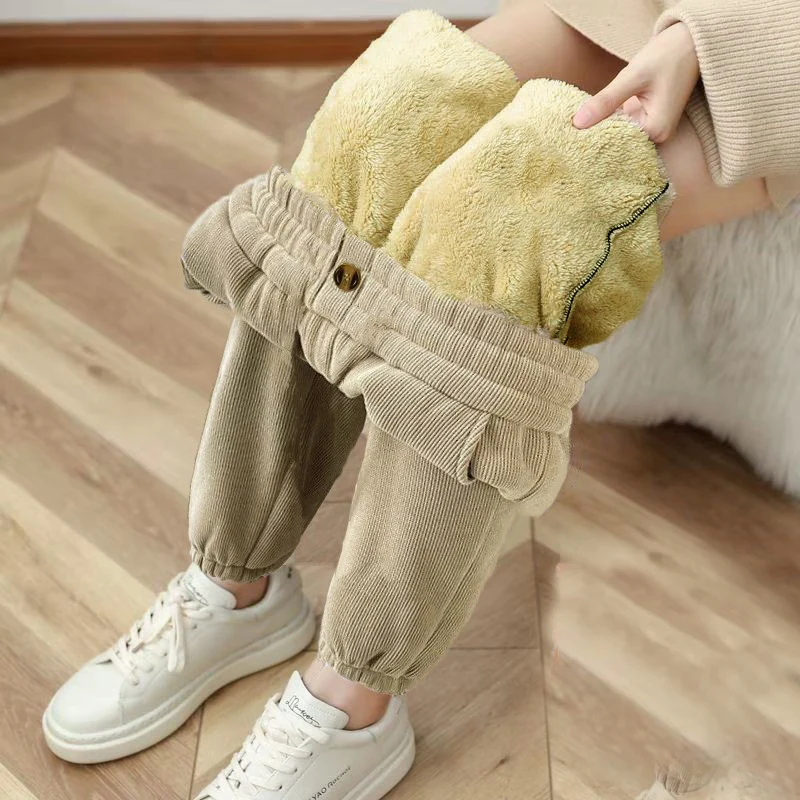 Woman Clothes Winter Office Lady Corduroy Lamb Wool Plush Warm Pencil Pants Pink Sporty Fake ButtonThick Solid Casual Long Pants