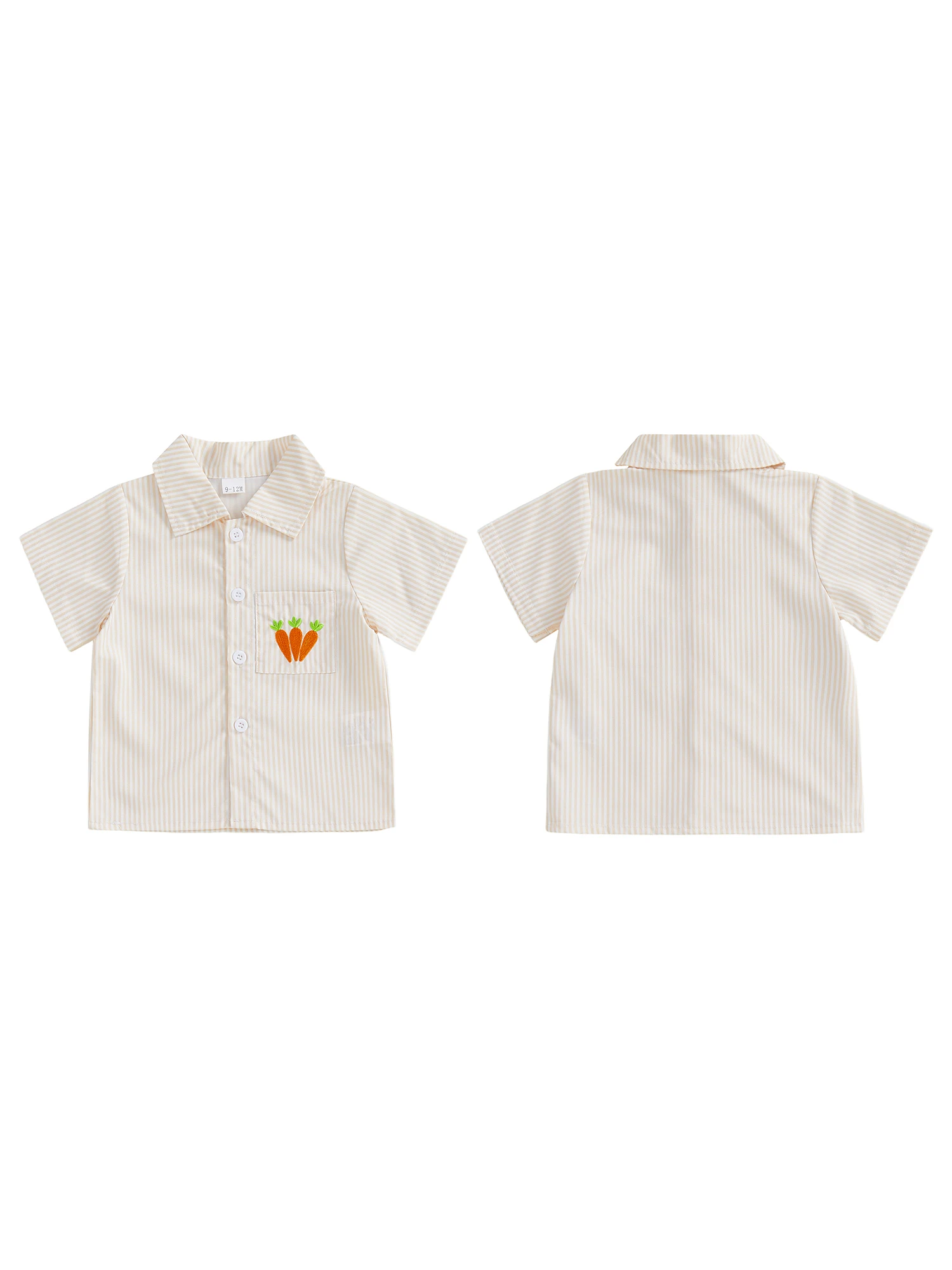 Kids Striped  Shirt with Cute Carrot Embroidery Short Sleeve Button Up Collared Tee for Boys and Girls Summer Top