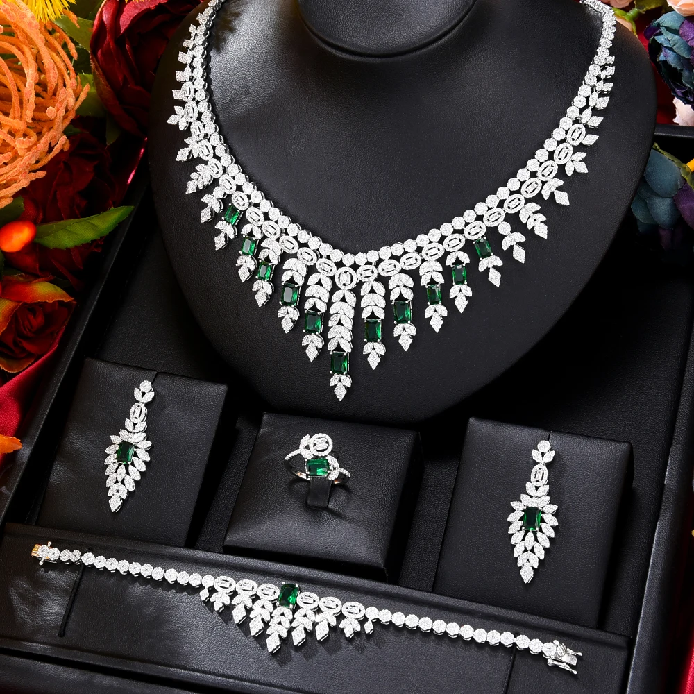

Missvikki 4PCS Luxury Green Mixed Big Statement Jewelry set For Women Wedding Cubic Zircon CZ African Dubai Bridal Sets Hot