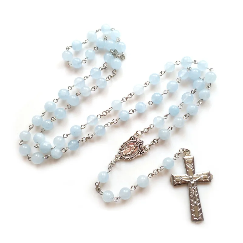 

QIGO Rosary Necklace Catholic Blue Stone Cross Pendant For Men Women Long Chain