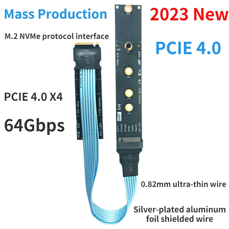Fio Adaptador Ssd de Alta Velocidade Blindado Prateado Nvme M-key Pcie Extensor 4.0×4 Protocolo Nvme M.2 22110 Gen4 30awg 64gbps