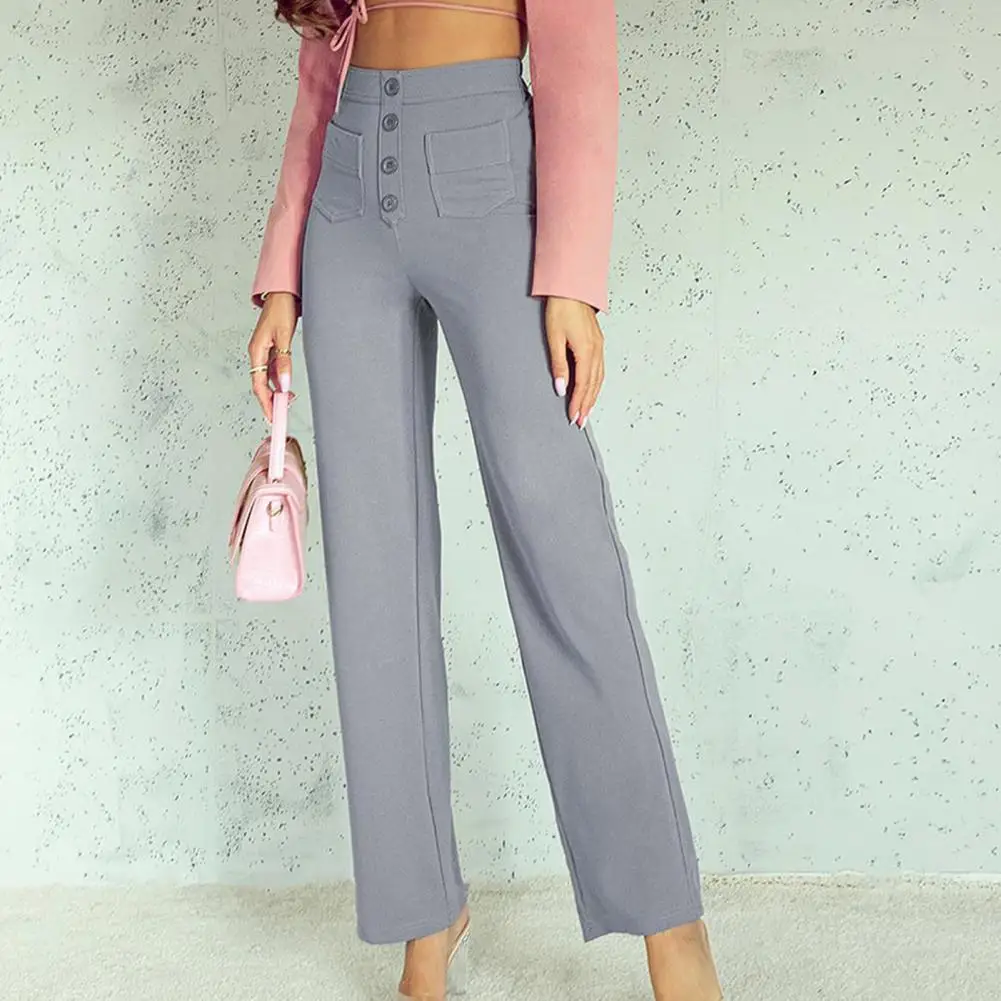 

Curvy Women Pants High Waist Wide Leg Women's Pants with Button Closure Elastic Pockets Loose Solid Color Casual for Lady