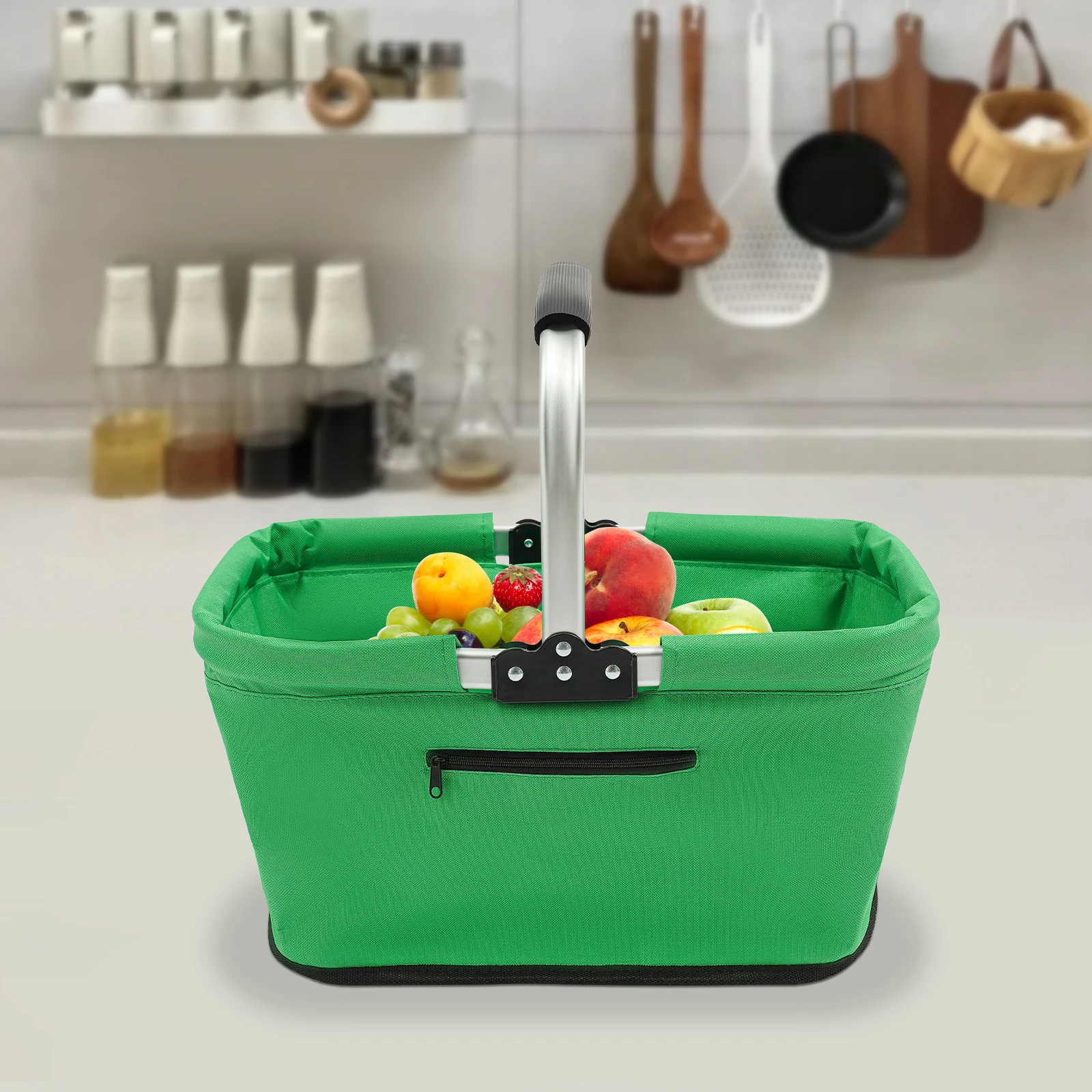 Foldable Shopping Basket Shopping Basket with Padded Handle and Zip Pocket for Shopping, Picnics & Storage