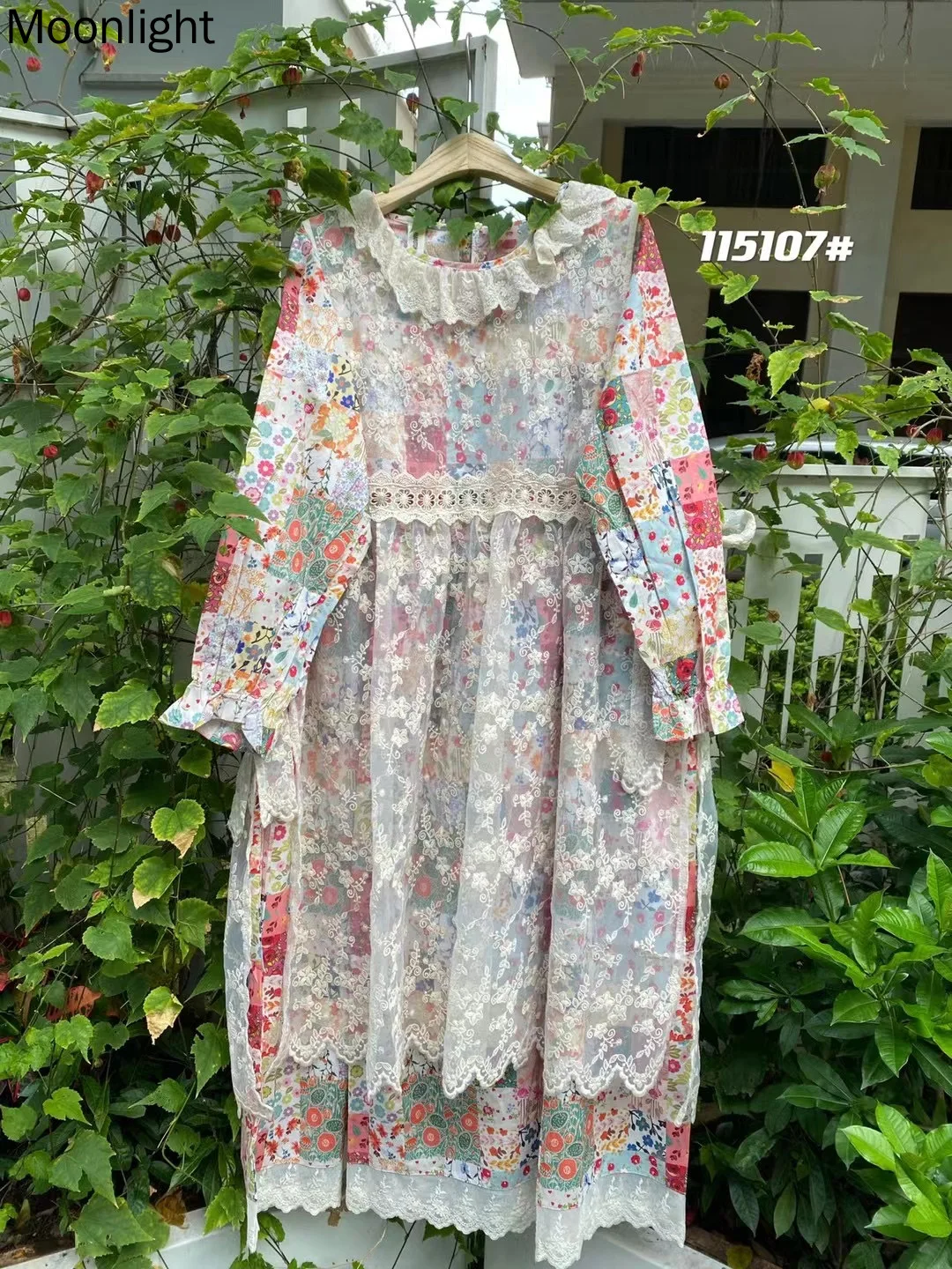 

Mori Girl Ruffles Collar Kawaii Dresses Two-Pieice Lace Blouse Long Sleven Vintage Embroidery Floral Print Cotton Linen Dress