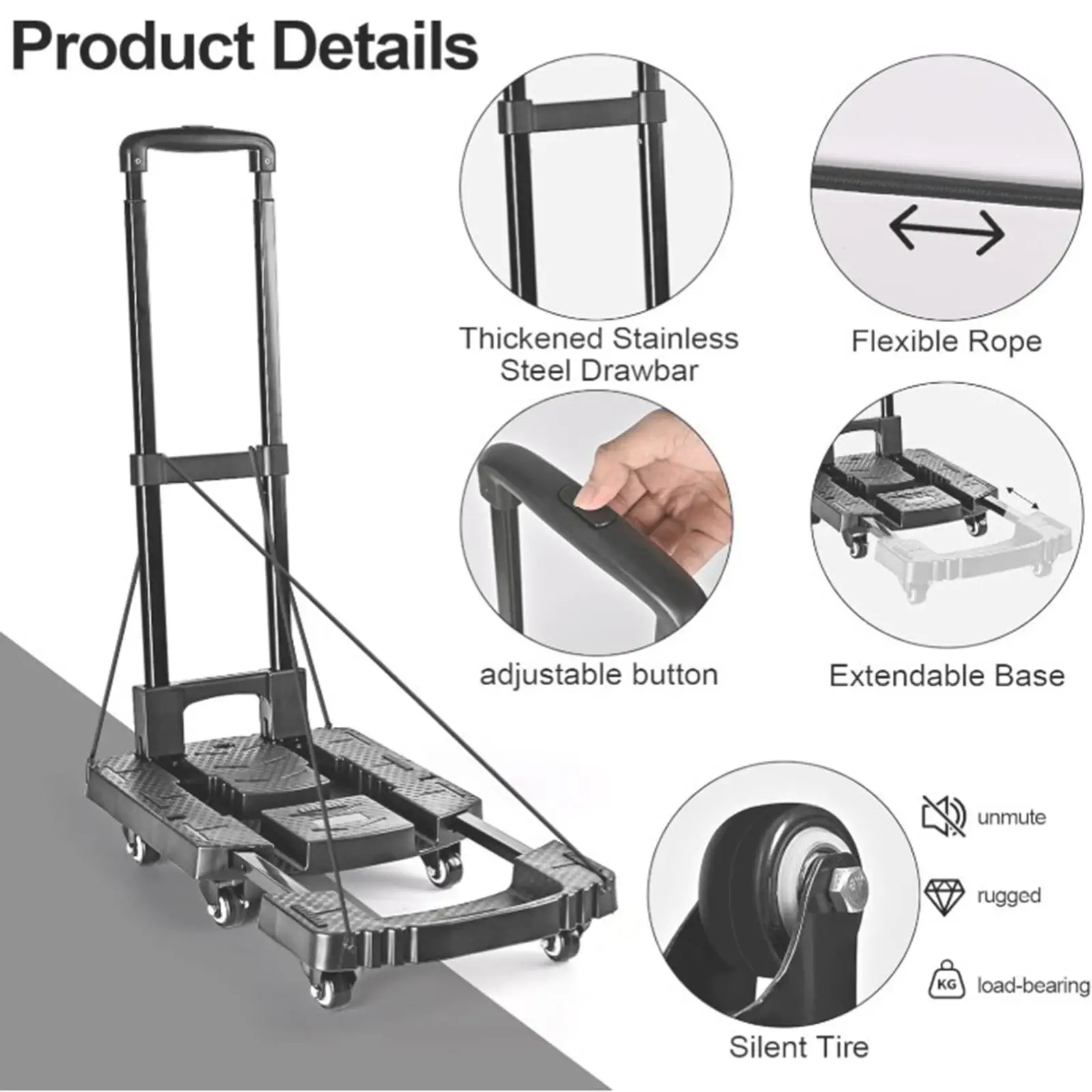 Folding Hand Truck Stable with 2 Ropes Portable for Outdoor Moving Luggage