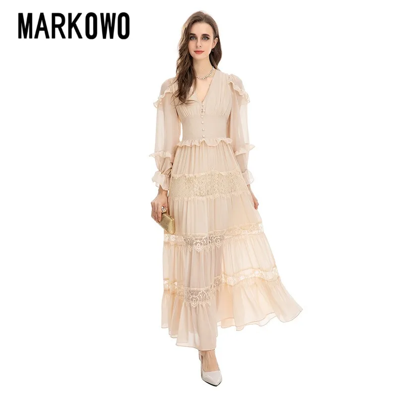 

MARKOWO Desinger Brand 2023 Temperament V-neck bubble sleeve heavy engineering ear edge lace splicing solid color dress