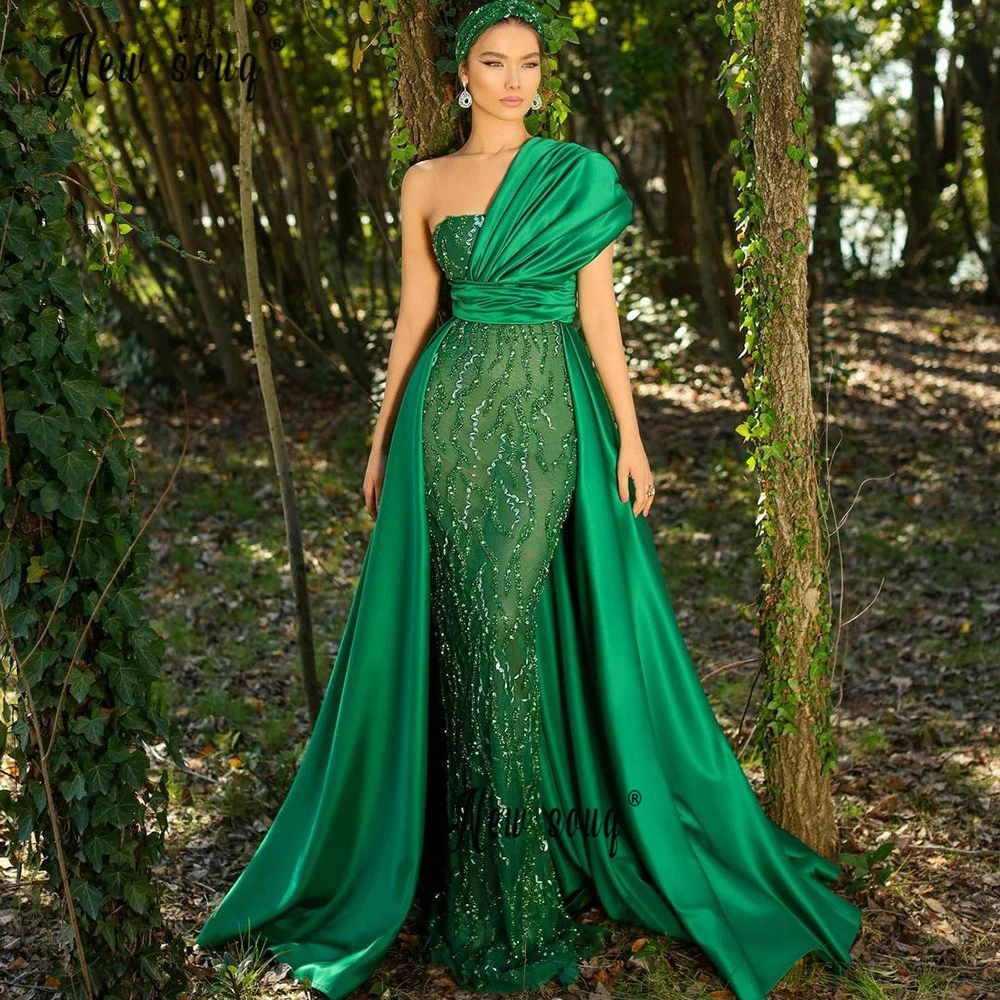 

Elegant Mermaid Evening Dress Emerald Green One Shoulder Formal Prom Gowns Full Beaded Celebrity Party Dresses New 2023 Vestidos