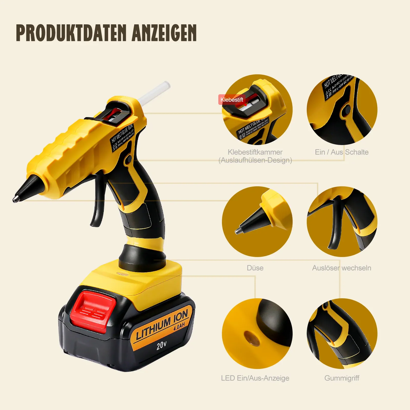 Cordless Hot Melt Glue Gun with 30Pcs 7mm Glue Sticks 30s Quick Preheat DIY Repair (No Battery) For Dewalt 20V Li-ion Battery