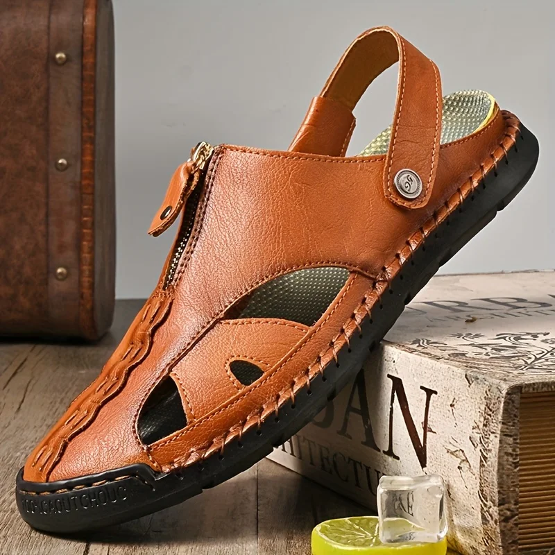 Men's Sandals, Durable Handmade Stitching Close Toe Non Slip Shoes For Indoor Outdoor Beach