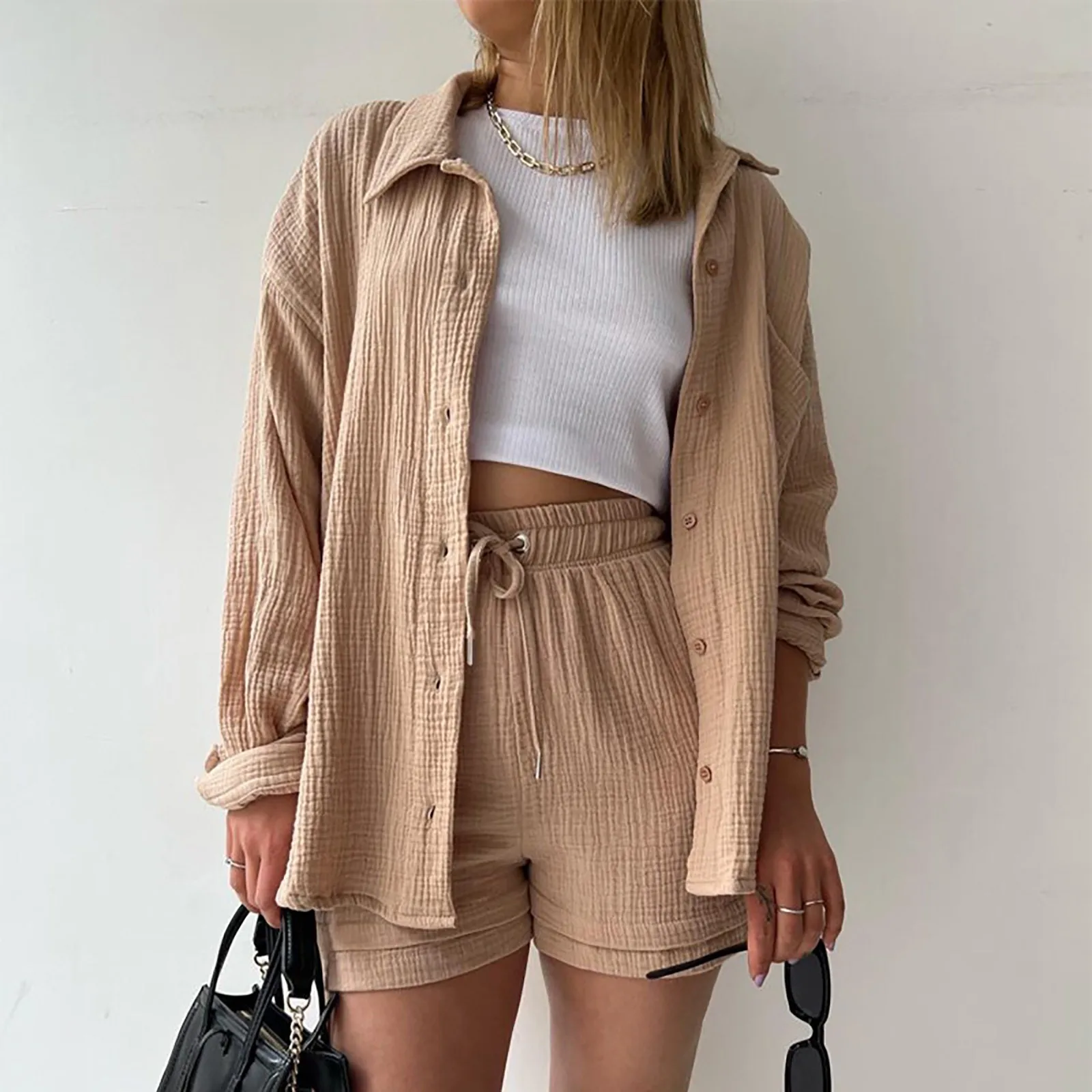 Solid Pleated Two Piece Set Pajamas For Women Summer Two Piece Suit Sleepwear Long Sleeve Short Sets Fashion Button Outfits Suit