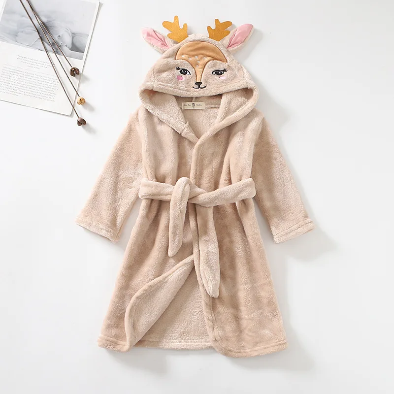 New Autumn Winter Kids Hooded Bathrobe Baby Bath Robes Boys Girls Cartoon Rabbit Panda Flannel Pajamas Long Sleeve Towel Robe