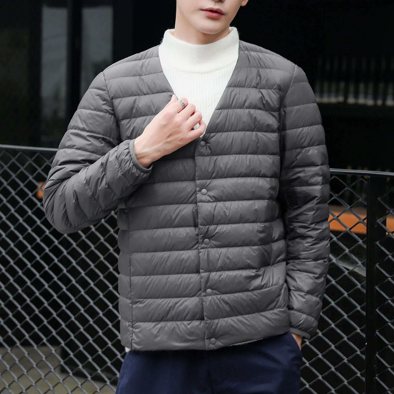 Mens Packable Solid Down Coat Round Neck Lightweight Padded Jackets Spring Buttons Single Breasted Loose Puffer Jacket Coat Male