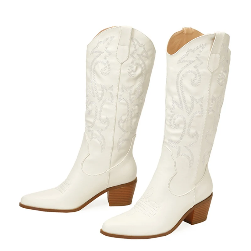 Autumn Winter Fashion Embroidered Western Cowboy Boots Women Leather Pointed Toe Low Hoof Heels Slip On Knee High Shoes