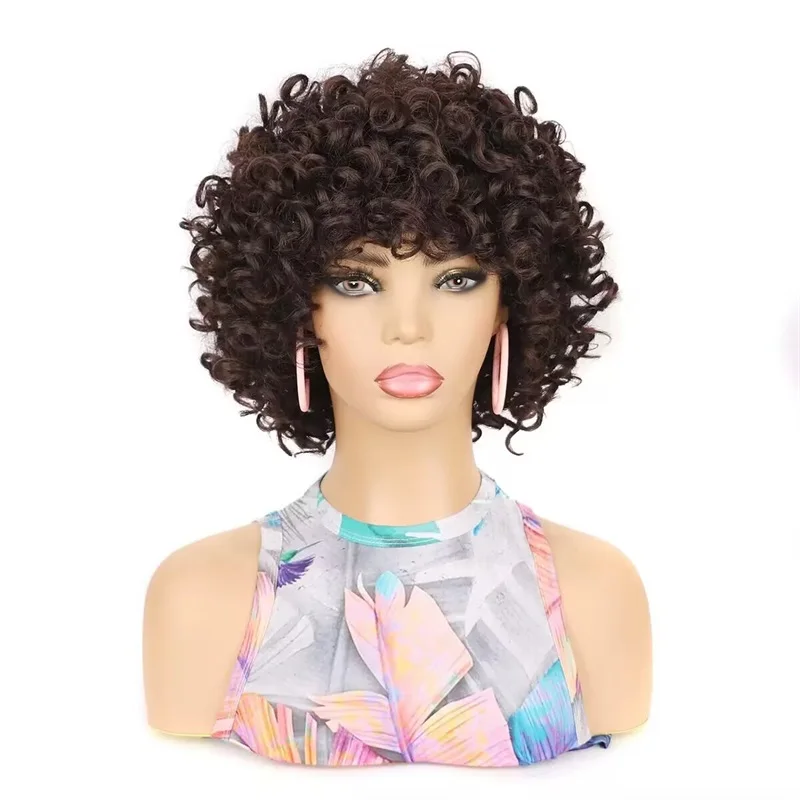 Short Blonde Synthetic Hair Wigs With Side Swept Bangs for Women Female Haircut Puffy Afro Kinky Curly Wig