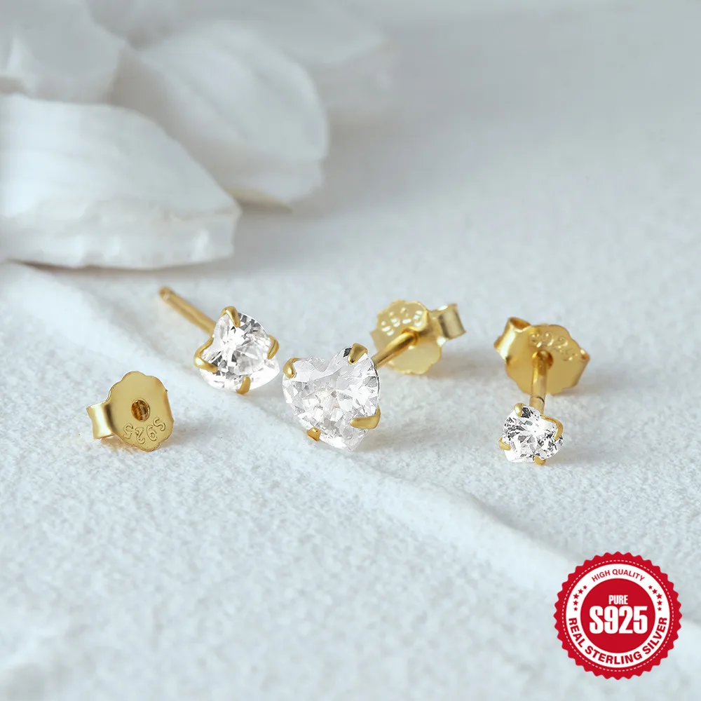 AIDE 샤이니 하트 지르콘 귀걸이 세트, 여성용 쥬얼리 귀 본 피어싱 이어 스터드, 3mm, 4mm, 5mm 브린코, 3 개