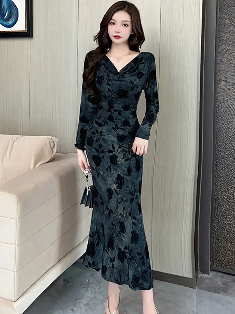 fitted lace wedding dress Winter Gray Maxi Dress with Floral Embroidery main image 0
