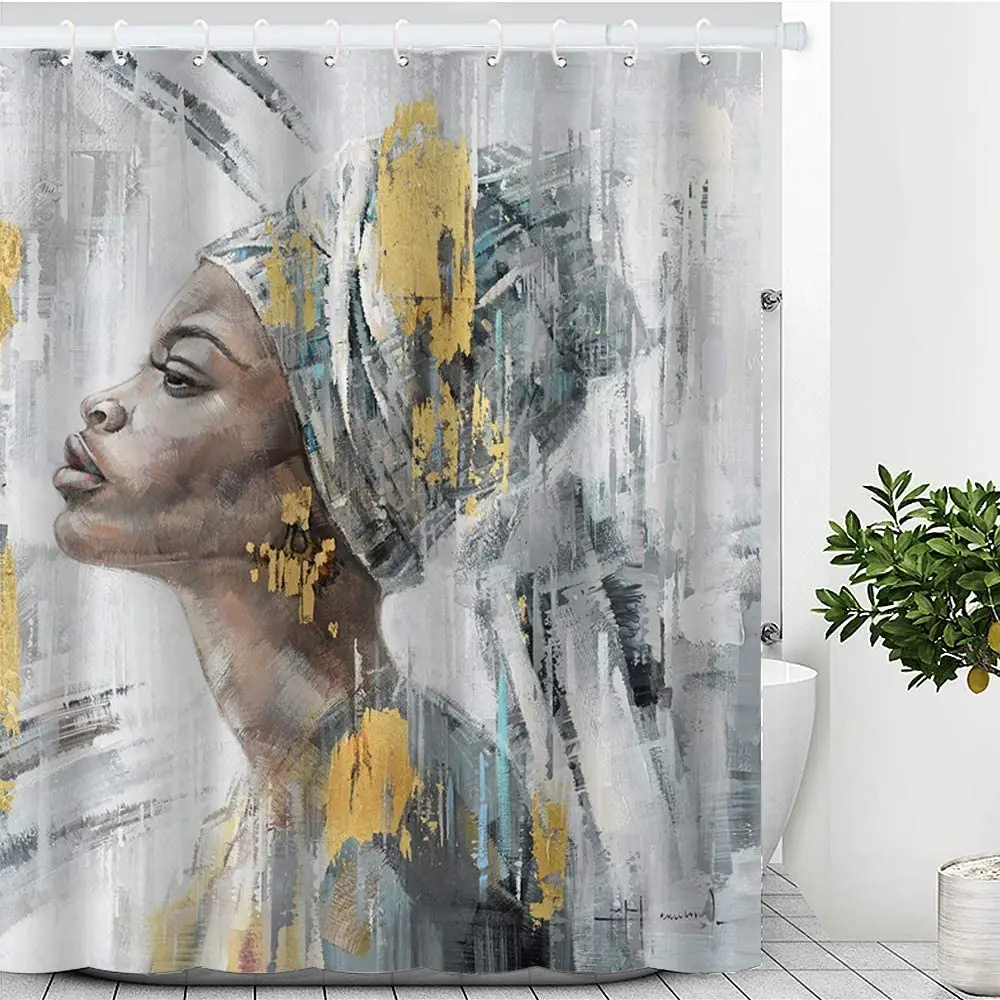 AfricanAmericanShowerCurtainAfroWomanBlackArtShowerCurtains