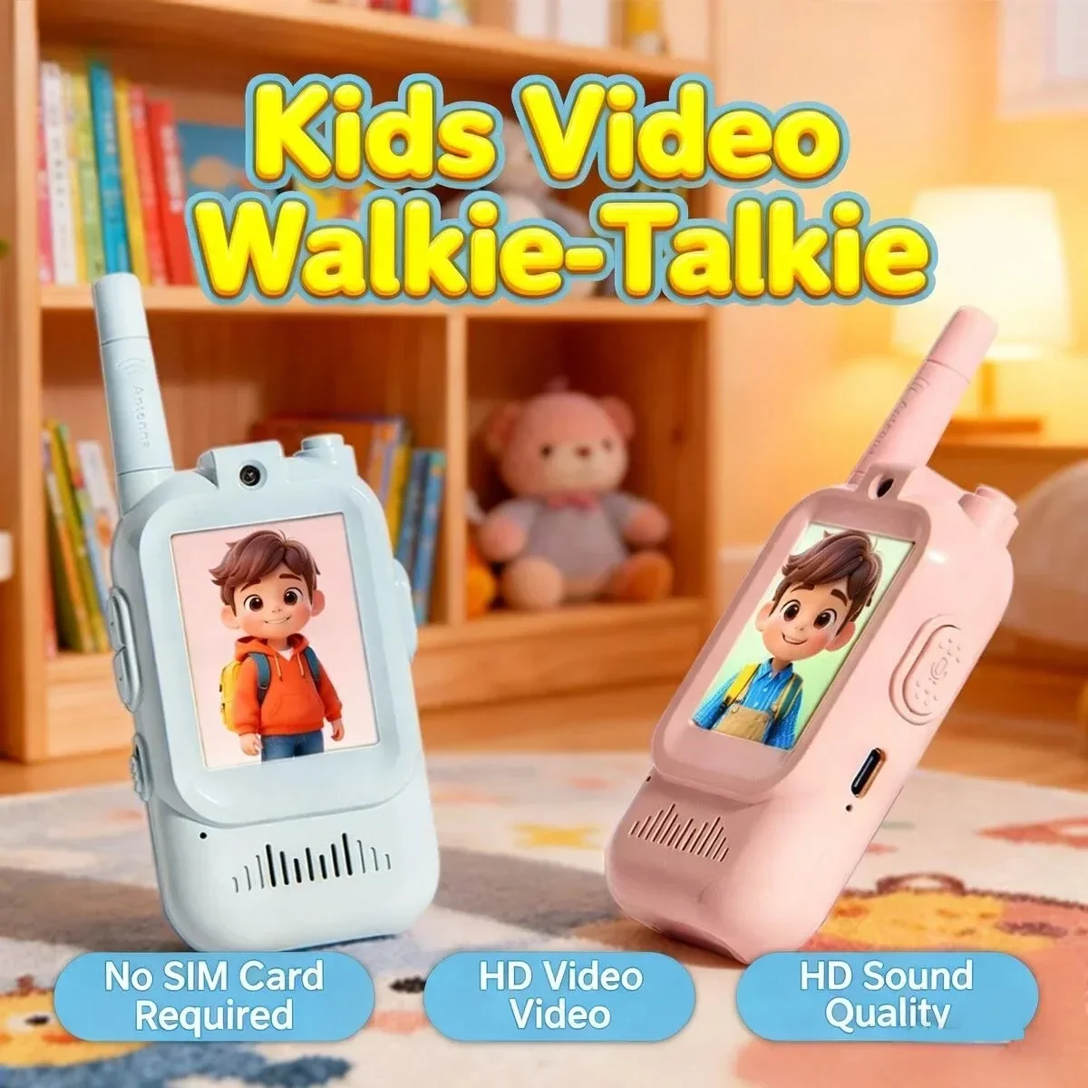 어린이용 비디오 워키토키 2인치 HD 화면 USB-C 충전식 원클릭 HD 통화 인터콤 어린이 기기 기술 선물