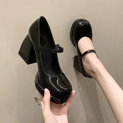 Patent Leather High Heels Mary Janes Women Round Toe Ankle Buckle Platform Pumps Woman Stable Thick Heel Black Party Shoes