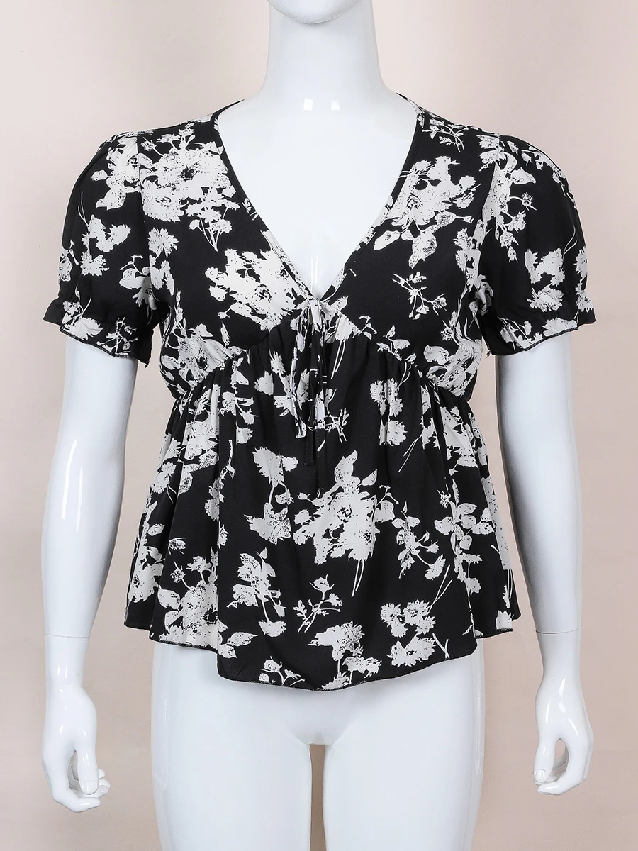 Finjani Plus Size Women's Clothing Ruched Puff Sleeve Tee V-neck Black And White Print Short-sleeved Top