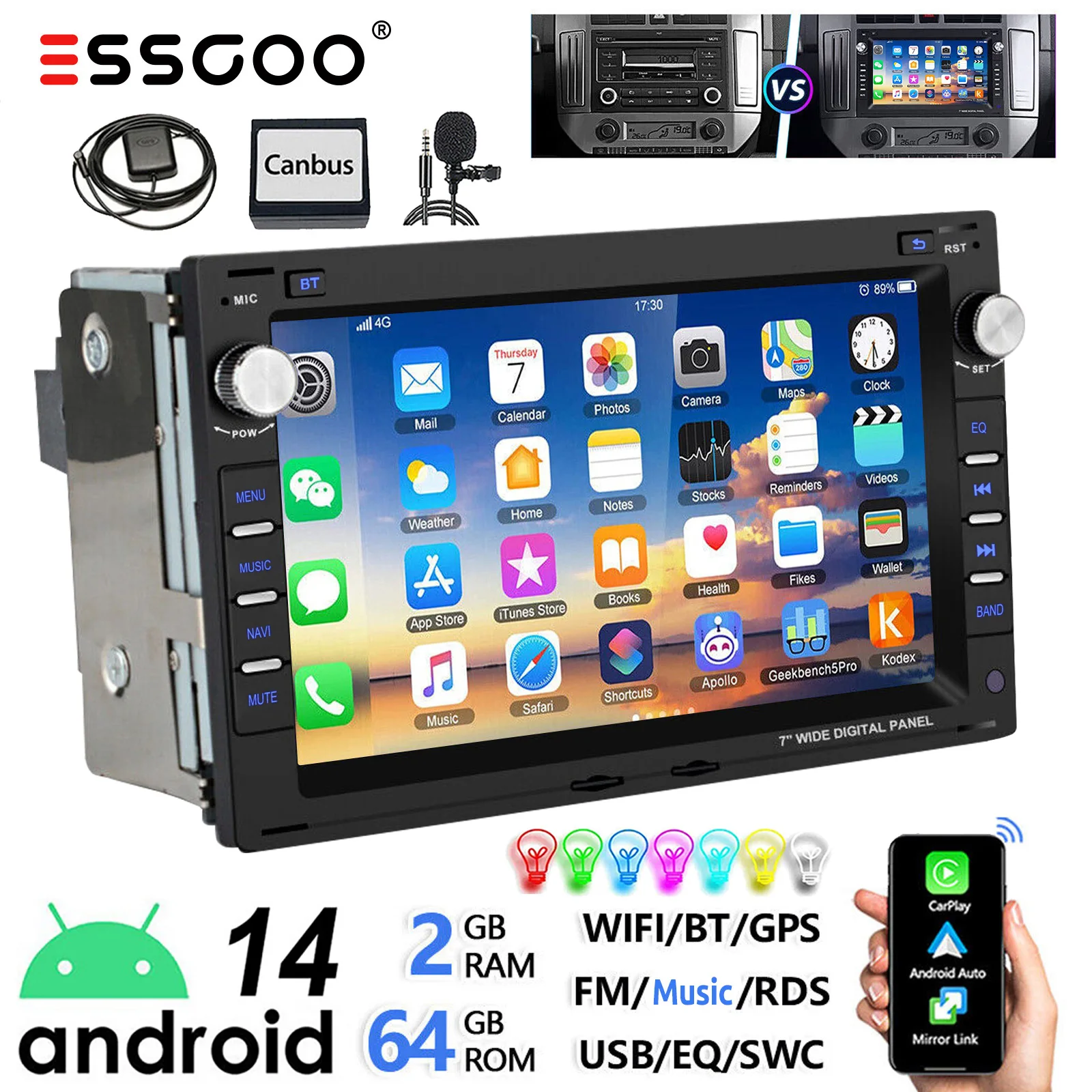 ESSGOO 7" Android 14 2+64G Wireless Apple Carplay Autoradio Für VW Polo 9N Golf 4 Passat B5 T5 GPS NAVI RDS Wifi Bluetooth FM EQ