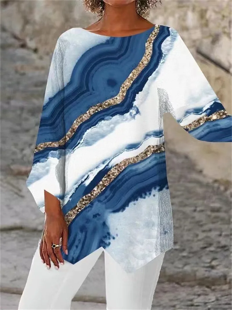 

Top Women Spring/Summer 2023 New Hot Selling Casual Women's Tee Geometric Print Long Sleeve Spliced Round Neck Shirt