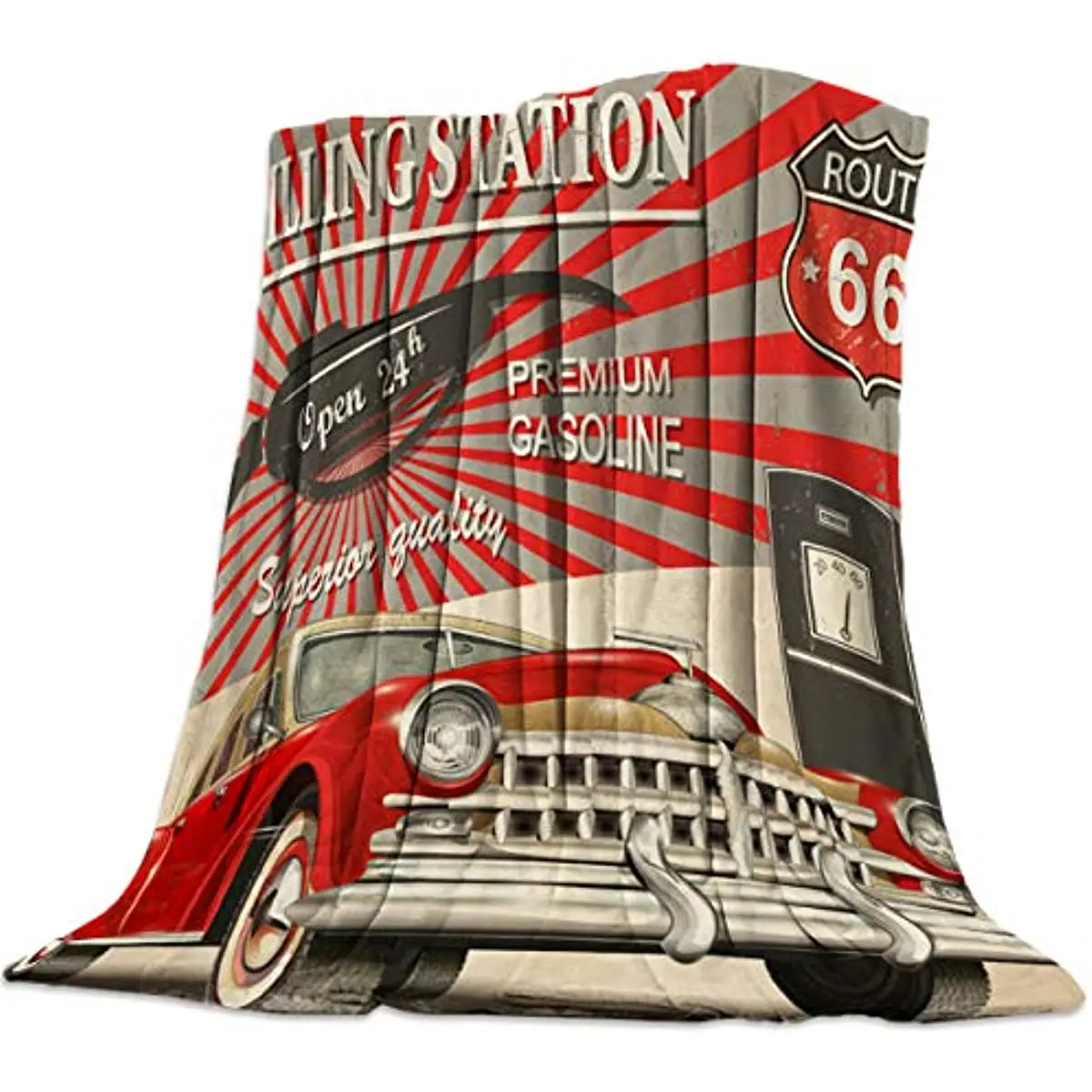 

Ultra Soft Flannel Fleece Bed Blanket Vintage Car Filling Station Route 66 Throw Blanket All Season Warm Fuzzy Light Weight