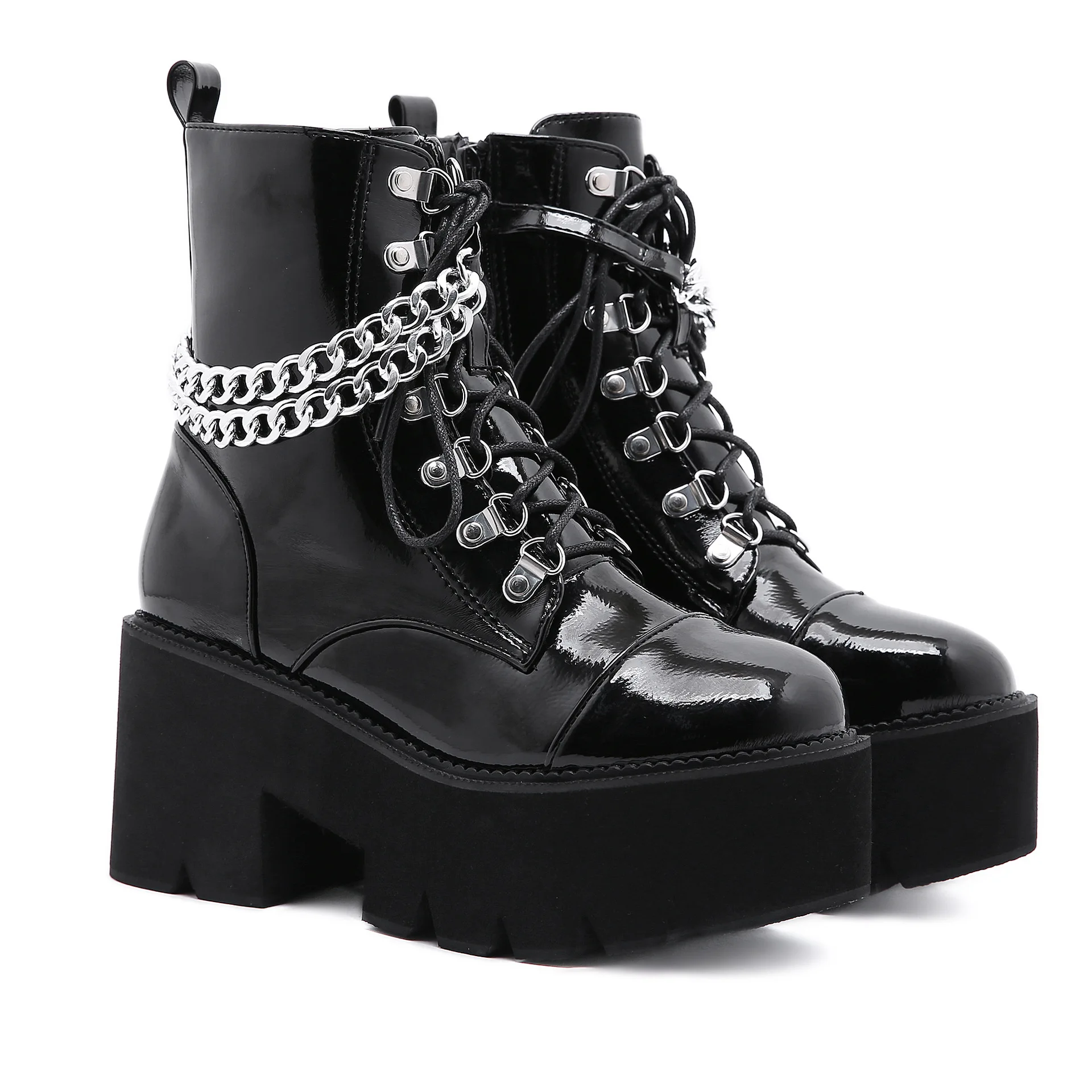 

Punk Style Metal Chain High Heel Booties Round Toe Platform High Lace Zip Motorcycle Boots Plus Size Women's Shoes 35&43 Party