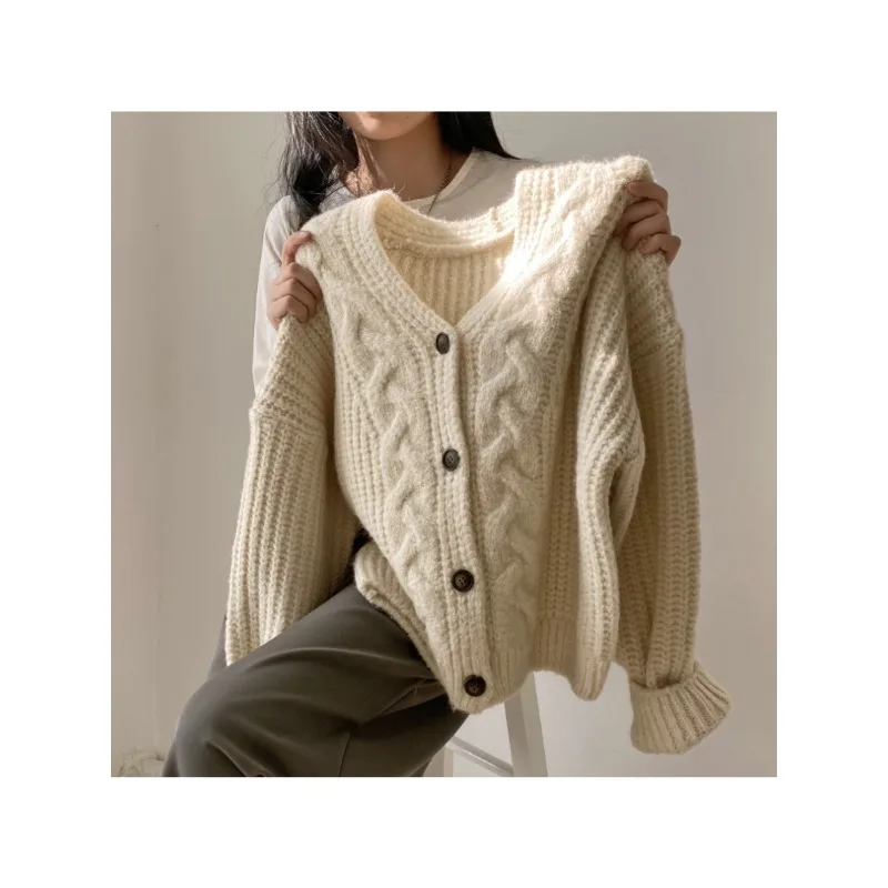 

Solid Striped Loose V-Neck Button Cardigan Long Sleeve Sweater Autumn Winter 2023 Korean Elastic Casual Women Knitted Top Jacket
