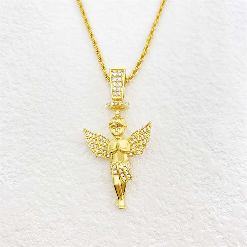 

Hiphop Iced Zircon Angel Pendant Necklace 14K Gold Plated 5A Cubic Zirconia Charm Necklace with Rope Chain Rock Party Gift