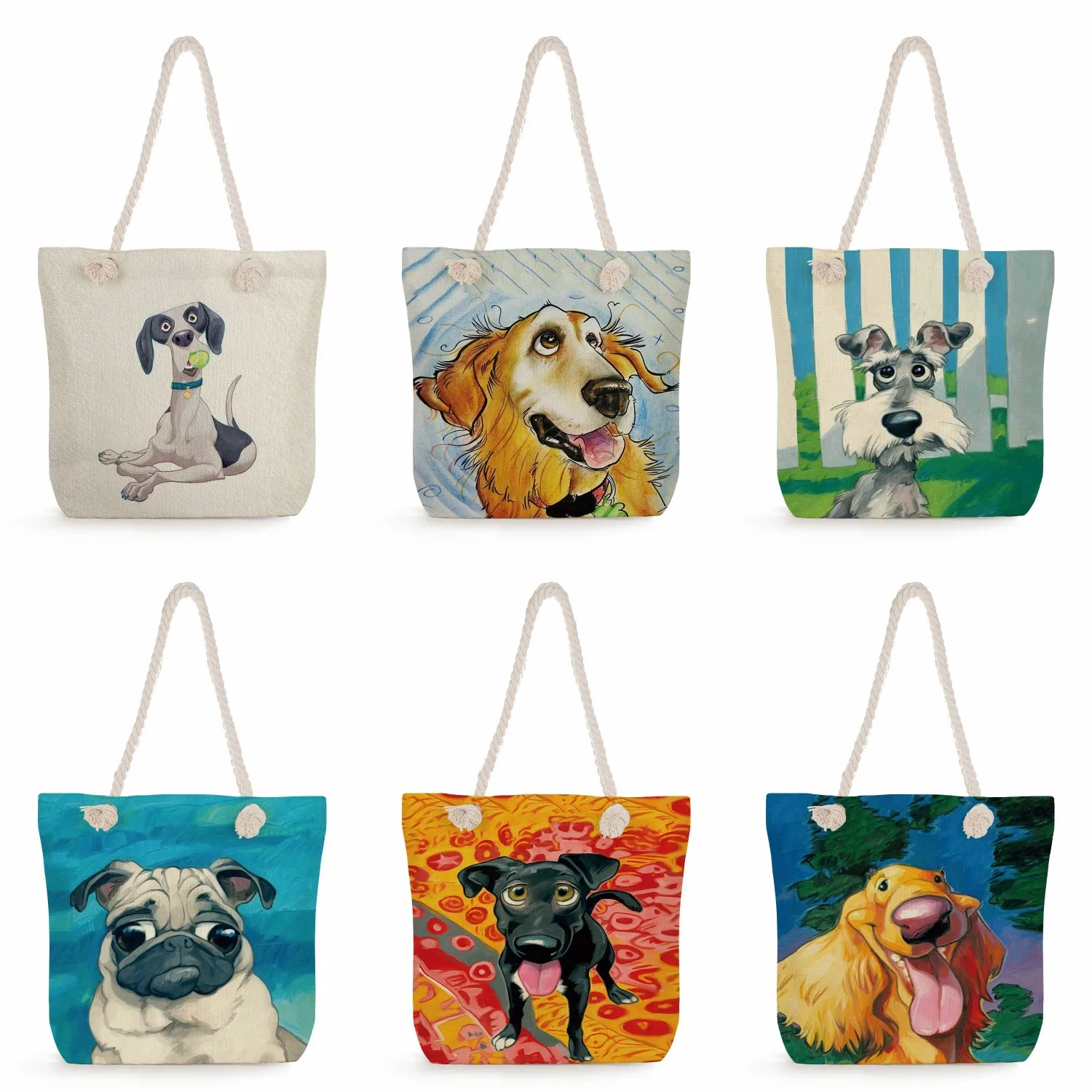 

For Ladies Eco Reusable Storage Handbags Dog Animal Graphic Women Shoulder Bags Schnauzer Golden Retriever Print Shopping Bag