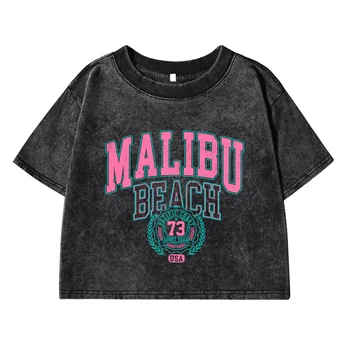 Womans Cotton Crop Tees Trend O-Neck Distressed Washed T-Shirts Malibu Beach Simple Letter Printing Tops Street Female Clothes 1