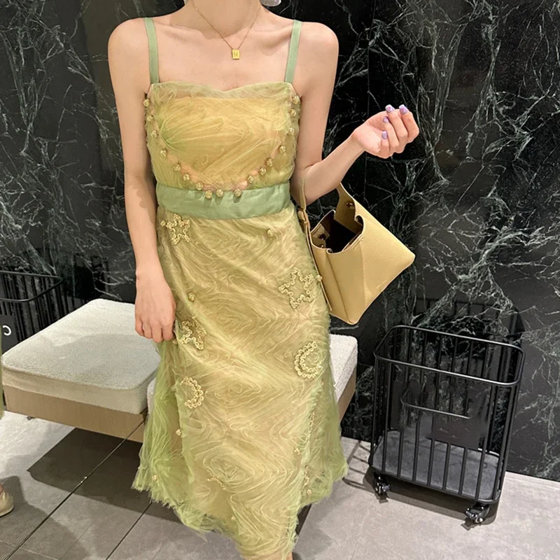 

New Green Dress Women Summer Spaghetti Strapped Mesh Bodycon Dresses Star Elegant Party Vestido Camisole Streetwear