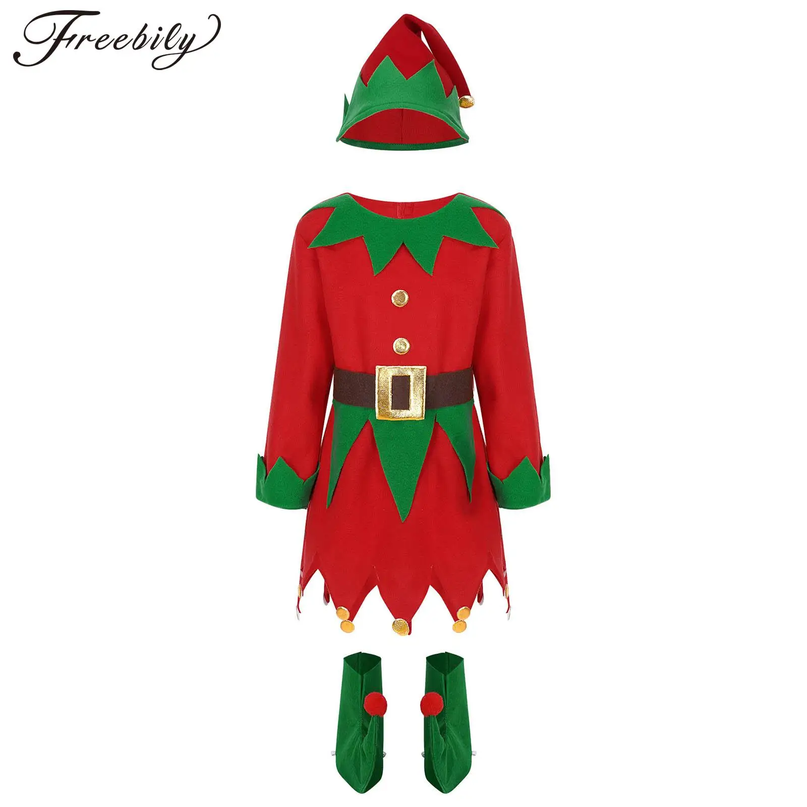 

Kids Girls Christmas Elf Cosplay Costume Long Sleeve Dress with Belt Hat and Shoes Xmas Theme Party Masquerade Roleplay Clothes