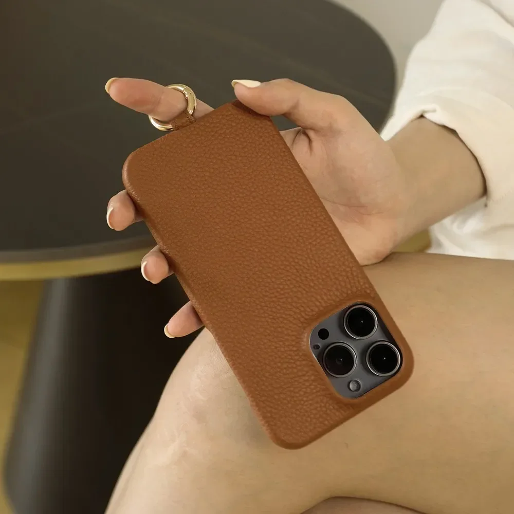 Cowhide Genuine Leather Case For iPhone 16 Pro Max 15Pro 11 13 12pro 14Pro 14 Strap Crossbody Lanyard Phone Cover Coque
