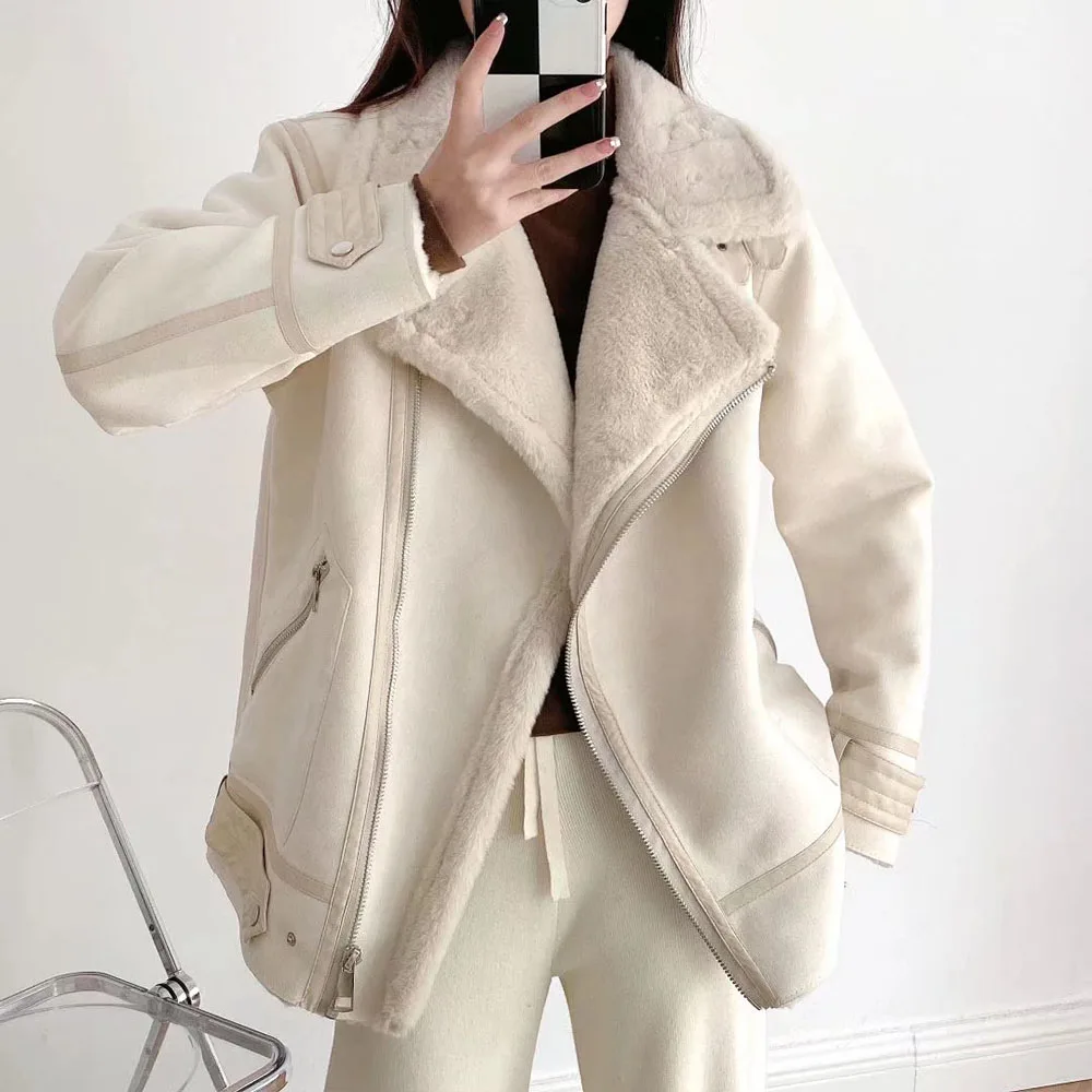 

Women's Fashion Thick Winter Warm Loose Fur All-in-One Jacket Retro Long Sleeve Zipper Female Outerwear Chic Top Muje
