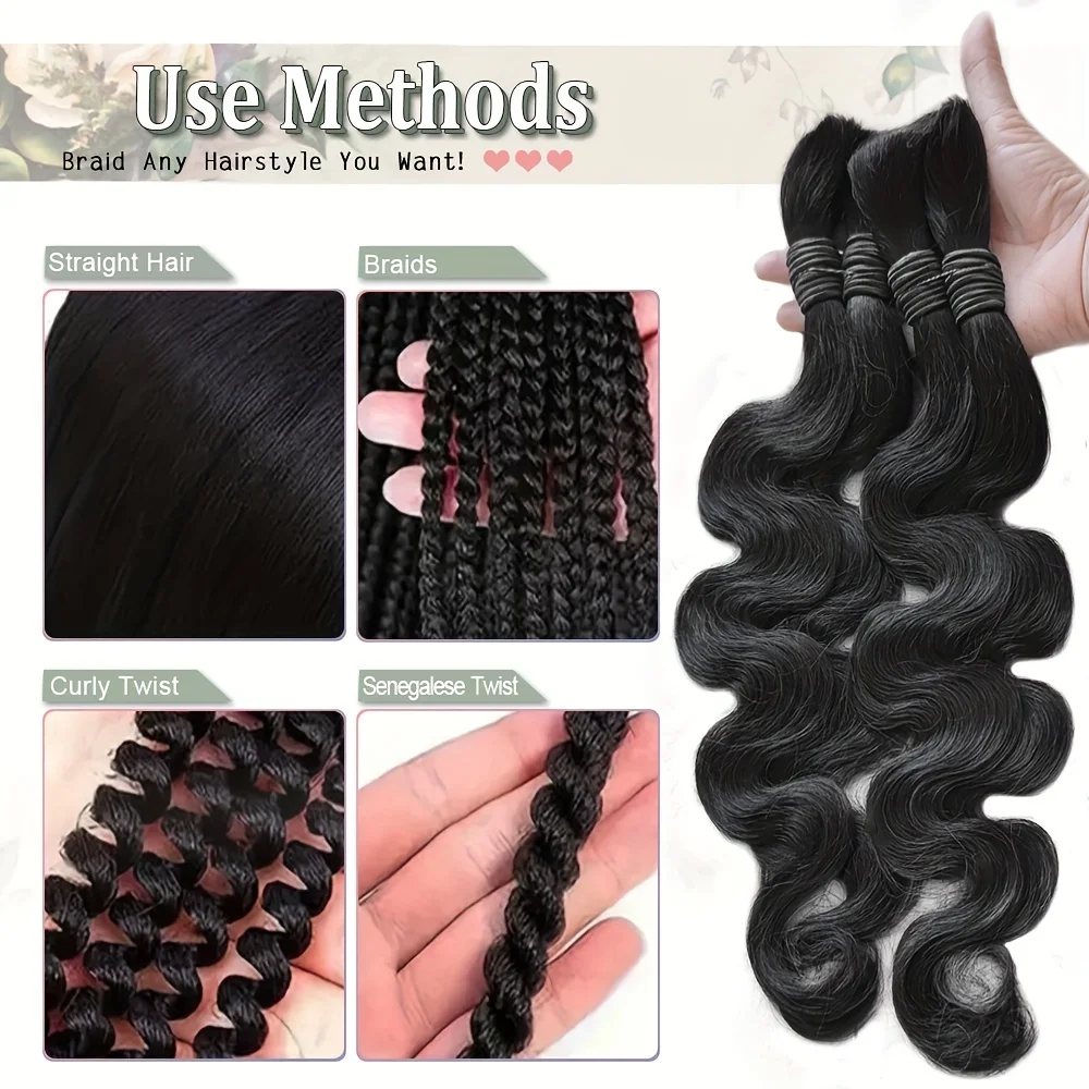 12A Body Wave Bulk Human Hair No Weft Unprocessed Virgin Remy Hair Soft Bouncy For Boho Braids DIY Styling Natural Black Raw Hair Extension 55g/1pack 2