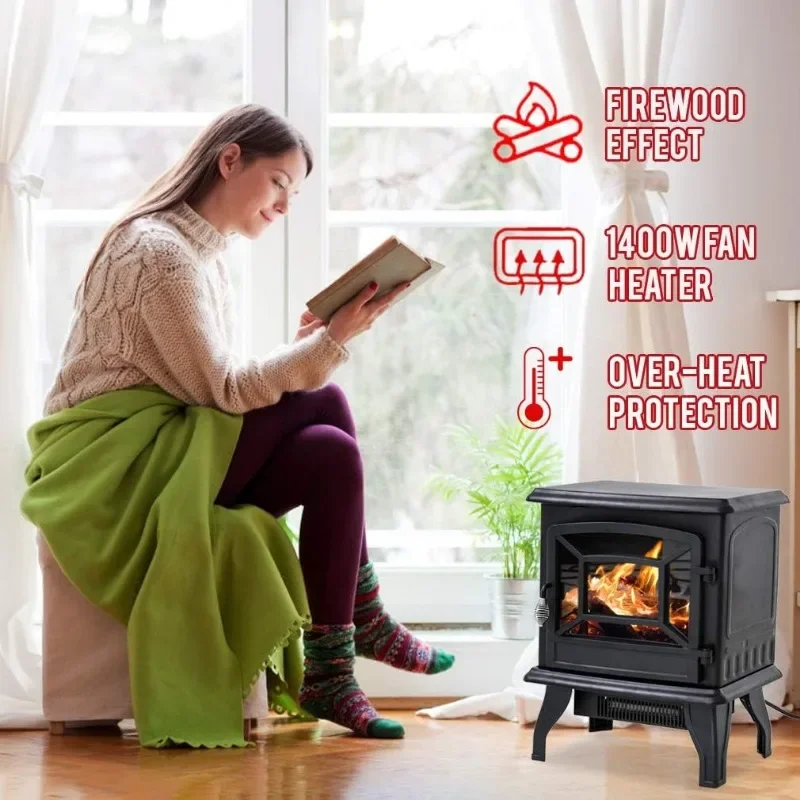 FDW Electric Fireplace Heater 20" Freestanding Fireplace Stove Portable Space Heater with Thermostat Realistic Log Flame Effect 3