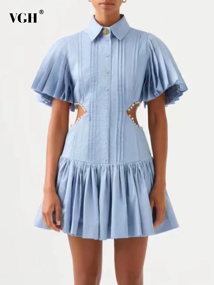 vgh-solid-chic-dresses-for-women-lapel-short-sleeve-single-breasted-hollow-out-spliced-ruffles-mini-dress-female-summer-clothing